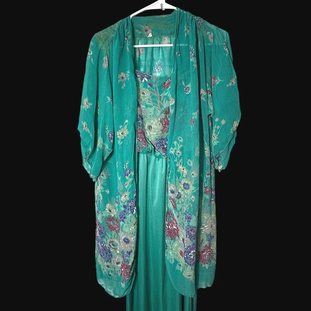 Vintage 70s Teal Floral Maxi Dress & Kimono Set ILGWU Made in USA Size 10